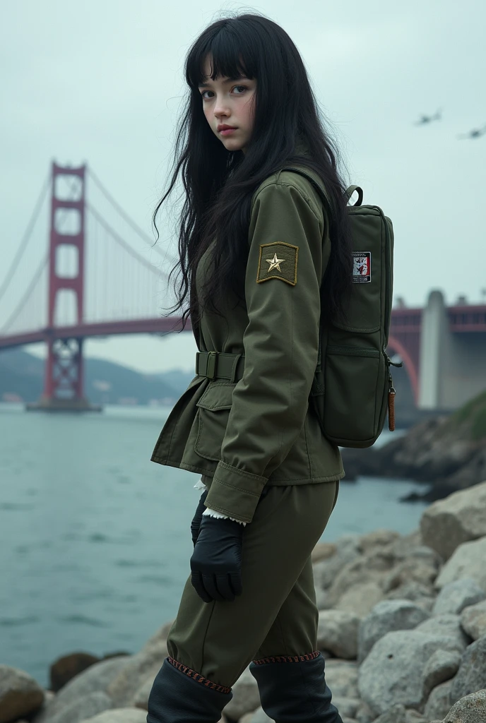 Long black hair white  girl wearing military uniform,Boots， full-body shot，side，War Background，seaside，New York，Iron bridge,Helicopters，Big brown eyes, Science Fiction, dark mood, charturnerv2