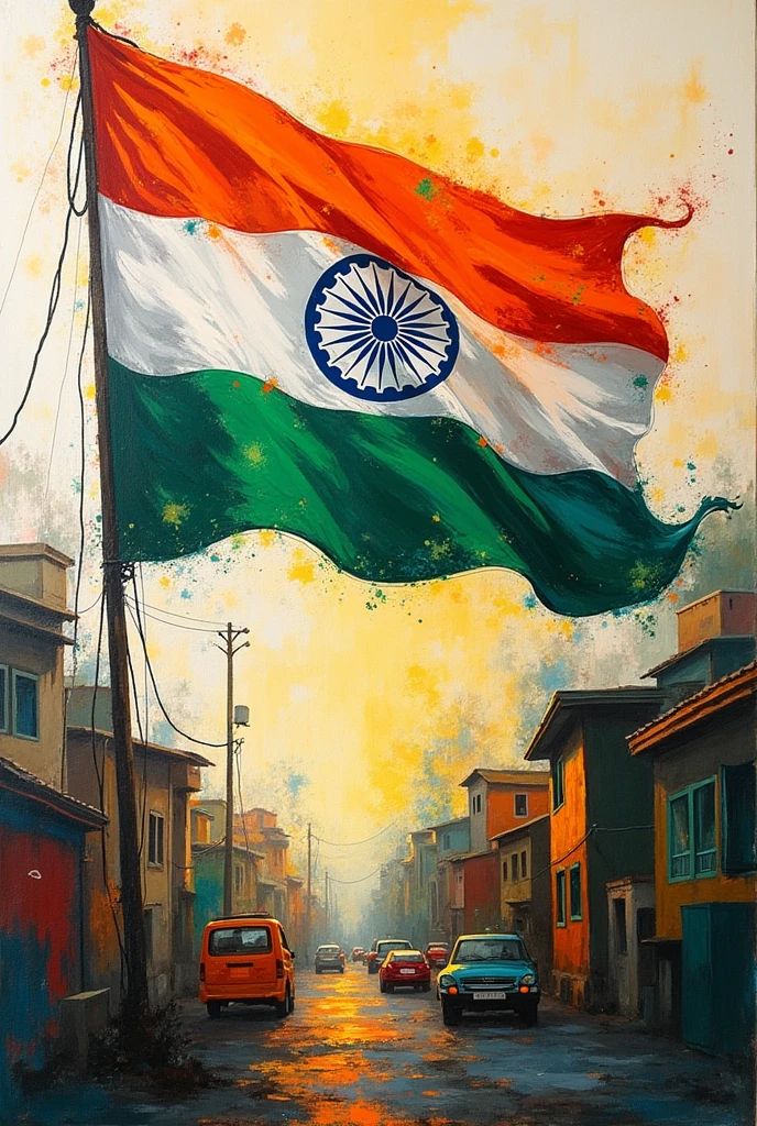 Har ghar tiranga painting using postal colour. An eye catching one. Don't draw it realistically, it would be difficult to draw. Something using some flags.