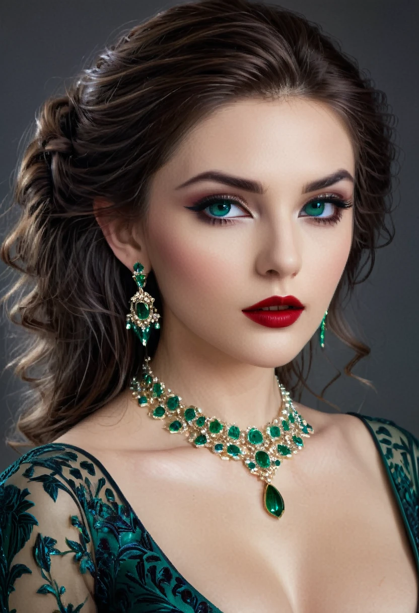 Create a realistic image of a Toreador clan vampire named Estella. She is a figure of impeccable beauty and supernatural elegance. Her skin is pale and fair, with an ethereal glow in the light. his eyes are deep-set, possessing an intense color like dark blue or emerald green, reflecting an intense emotional depth. Her hair is long and luxurious, falling in gentle waves, with a rich and deep color like black or dark brown.
Estella possesses a slender and well-defined body structure, that displays grace and strength. She is of average to tall height, Com uma postura ereta e elegante. She is dressed in sophisticated, high-fashion attire, like a glamorous evening gown or a luxurious suit, complemented with refined accessories that highlight her artistic style and social status. The makeup is flawless, accentuating your eyes and lips.
She exudes an aura of power and control mixed with irresistible charm. Her presence is striking and captivating, conveying a dominating and artistic charm. Make sure to capture the essence of her vampiric nature and the touch of refinement in every detail.