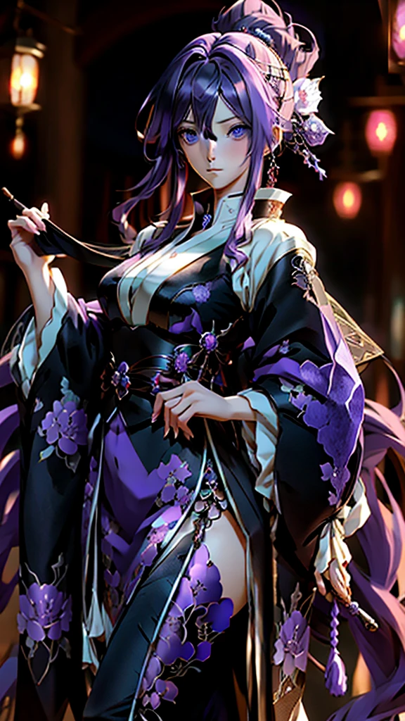 1 girl, Blunt bangs, Braiding, Wide sleeves, hair ornaments, kimono, Yellow and navy lace、(Purple Hair:1.2), Very long hair, Straight hair, Looking at the audience, Highly detailed background, (Realistic:1.2), Beautiful Eyes, Red eyeshadow, Written boundary depth,thigh, (Ulzzang-6500:0.7), Upper Body, (alone:1.2), Cleavage, Shiny skin、Hair blowing in the wind、4 fingers, 1 thumb、Roses、