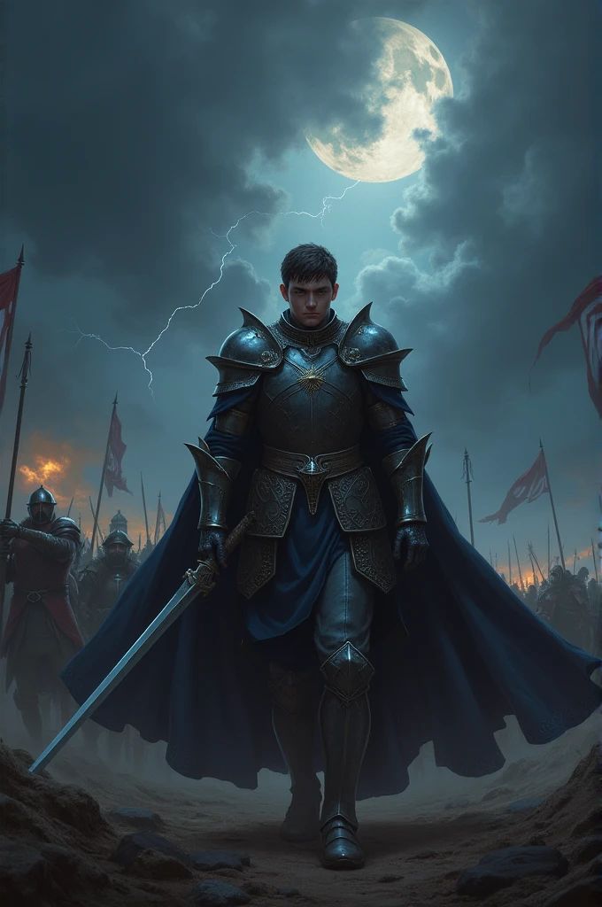 Make a picture of motivated young king who is on war and night background