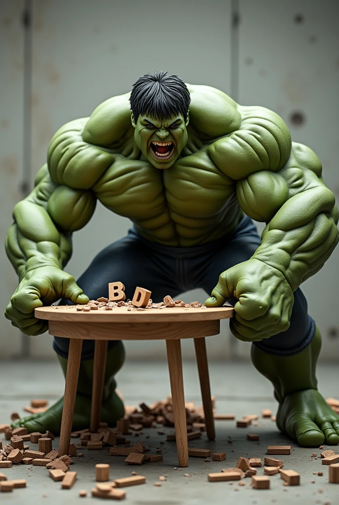 an image of the hulk breaking a table with the letters B, c, d, And leaving the table