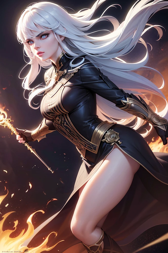 a woman with medium white hair and pale skin, wielding a flaming rapier in an epic pose, wearing a black cape, against an epic fantasy background, (best quality,4k,8k,highres,masterpiece:1.2),ultra-detailed,(realistic,photorealistic,photo-realistic:1.37),detailed eyes, detailed lips, extremely detailed face and eyes, long eyelashes, dynamic action pose, dramatic lighting, cinematic, vibrant colors, fantasy, concept art, A woman with medium white hair and pale skin, wearing a black cape, fighting with a flaming rapier in an epic pose, against an epic background, (best quality,4k,8k,highres,masterpiece:1.2),ultra-detailed,(realistic,photorealistic,photo-realistic:1.37),detailed eyes,detailed lips,extremely detailed face,long eyelashes,fantasy,cinematic lighting,dramatic shadows,vibrant colors,dynamic composition