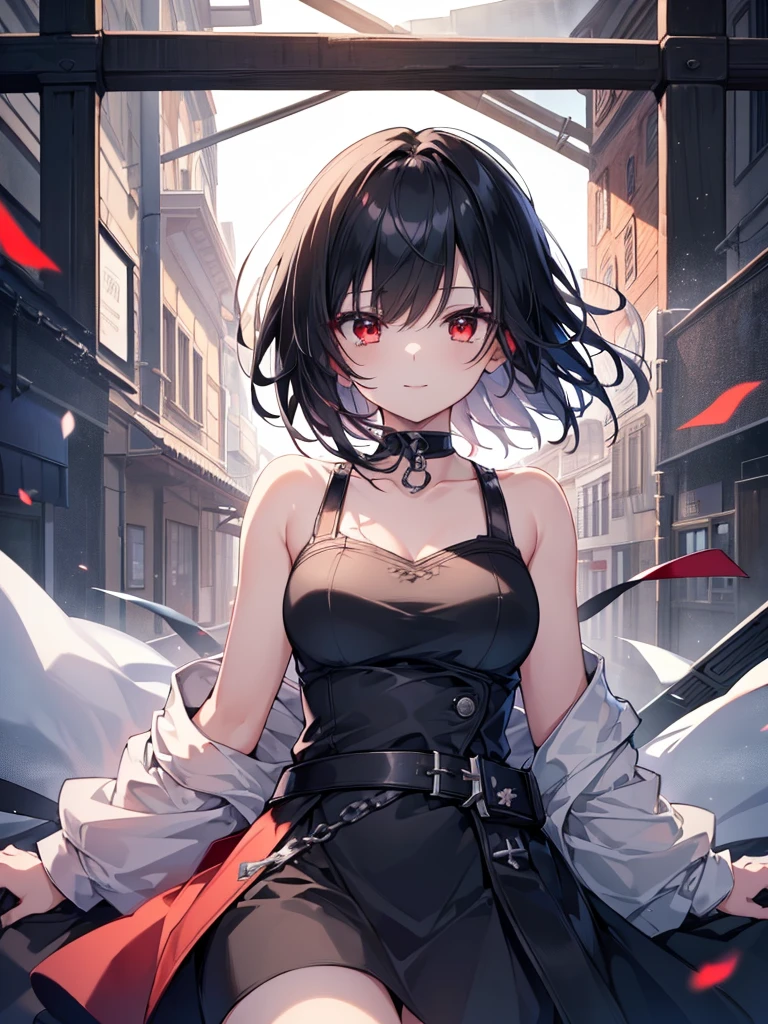 (masterpiece, highest quality, highest quality, (No text), Beautiful and aesthetic:1.2),No text,アニメ、BREAK,One Girl,Black Hair Girl short hair older sister choker Beautiful eyes Red eyes cool smile Black and Red whole body In town