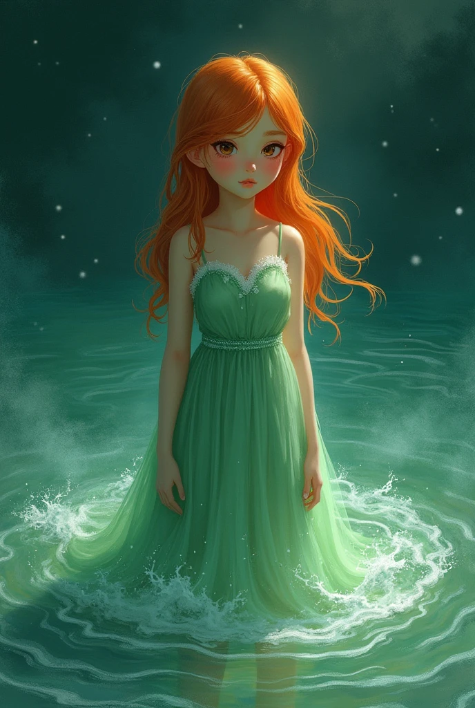 (masterpiece, best quality), ((A girl, solitary, Long hair)), Ishmael_edge, innocent expression, bare arm, Show your shoulders, Bare neck, watercolor, Sundress, liquid clothing, water, wave, water dress, green_theme, night, haze, dark, Be focused, ocean, Transparent dress, Orange Hair