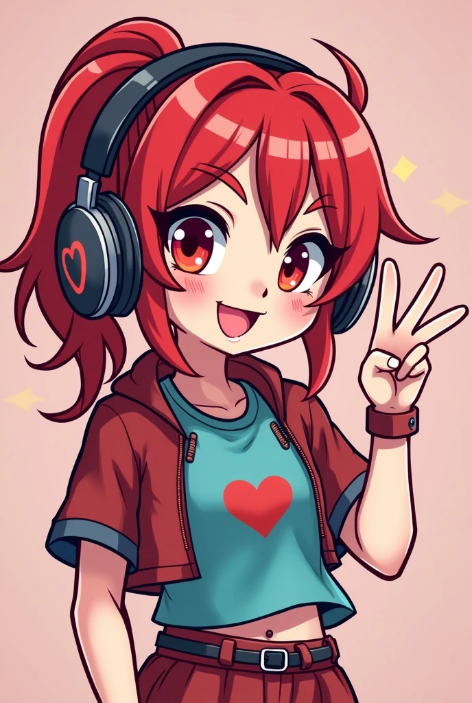 Avatar for the YouTube channel Julia Minergril&#39;s style, but it changes because Vanelo is red and the clothes are colorful. I want a cartoon style. I draw the hair style and it&#39;s tied on both sides and she&#39;s a gamer. Red hair is bigger and with colorful clothes. Put her with gamer headphones, the kitty headphones and she with a peace sign with her fingers and smiling.