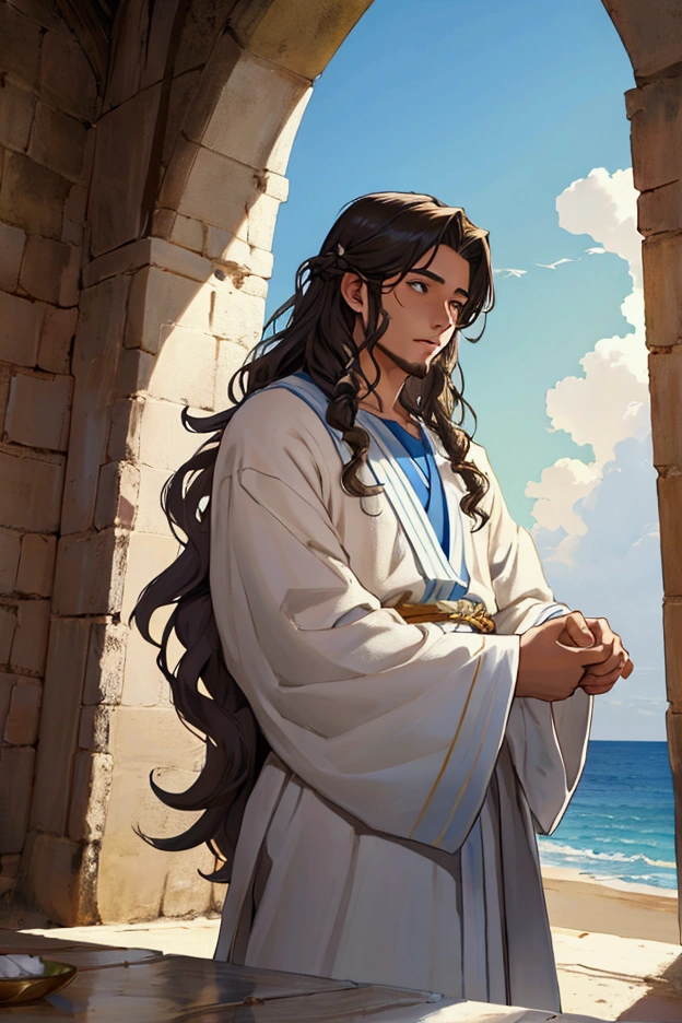 Jesus Christ、Galilee 2000 years ago、male、linen clothing、Staring at the sky、Wavy Hair