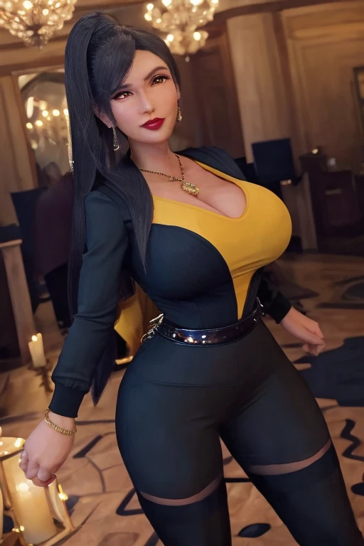 Tifa lockhart, implated Big breast, long sleeve thin yellow  dress that show body curve with a cleavage,Game,1girl,Jewel ring,Gold chained round shape necklace,Hoopa earring,Bracelet,Red lips,(Dark blue eyeshadow),Big cleavage,hair bun,Beehive Bun style ,black hair,Look at us,Curvy,Unnatural big breast,Cleavage,black color long nail,Swaying hip,Head to waist view,eyes on us,Sculpted calves figure,Thick tights,Wide hips,very big cleavage,Enchanced big breast,((Diamond wedding ring)),Aristoticat ring, Detailed eyes,Busty,don corneo mansion,Madam tifa,View from front,dangerous cleavage