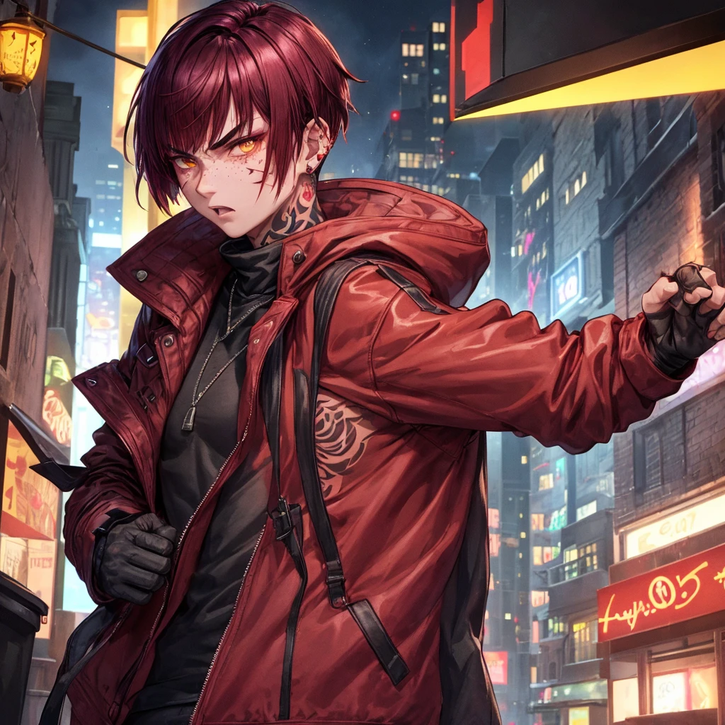 arcane style, (1 man), handsome, cropped hooded jacket, dark red jacket with black details, tattoo on arm, asymmetrical bangs, band-aid, short hair (shaved on one side), bangs freckles, light brown eyes, muscular man, looking at viewer, tattoo on neck, piercing in nose, pink hair, scar, scar on face, solo, tattoo on face, detailed background, city, alley, dark alley, night, angry, close-up, mouth closed, , ((masterpiece)), masculine face,