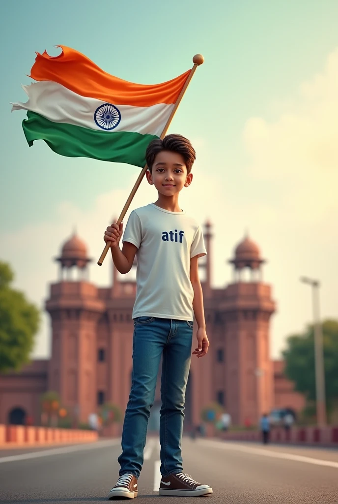 Generate a Realistic 17 years old boy, Wearing White T shirt blue jeans sneakers and the name    "atif" is written on his t-shirt and the boy is standing on the road with holding a national flag of India, and behind him is the Red Fort Delhi. And written on sky "Independence Day" Create Realistic image high quality