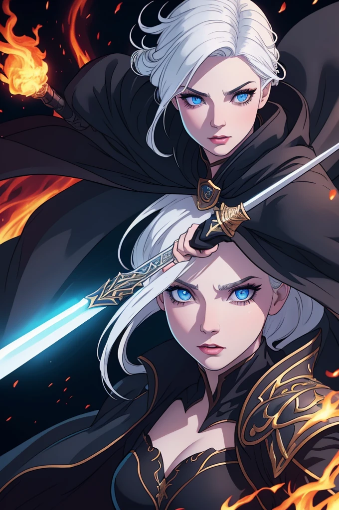 a woman with medium white hair and pale skin, wielding a flaming rapier in an epic pose, wearing a black cape, against an epic fantasy background, (best quality,4k,8k,highres,masterpiece:1.2),ultra-detailed,(realistic,photorealistic,photo-realistic:1.37),detailed eyes, detailed lips, extremely detailed face and eyes, long eyelashes, dynamic action pose, dramatic lighting, cinematic, vibrant colors, fantasy, concept art, A woman with medium white hair and pale skin, wearing a black cape, fighting with a flaming rapier in an epic pose, against an epic background, (best quality,4k,8k,highres,masterpiece:1.2),ultra-detailed,(realistic,photorealistic,photo-realistic:1.37),detailed eyes,detailed lips,extremely detailed face,long eyelashes,fantasy,cinematic lighting,dramatic shadows,vibrant colors,dynamic composition