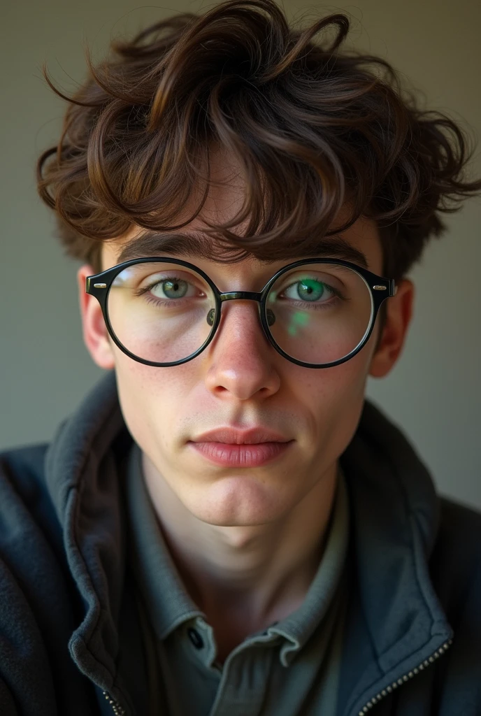 (photorealism:1.2), young Bjorn Andresen, with middle part hair with brunette colored hair, using round glasses while taking selfie