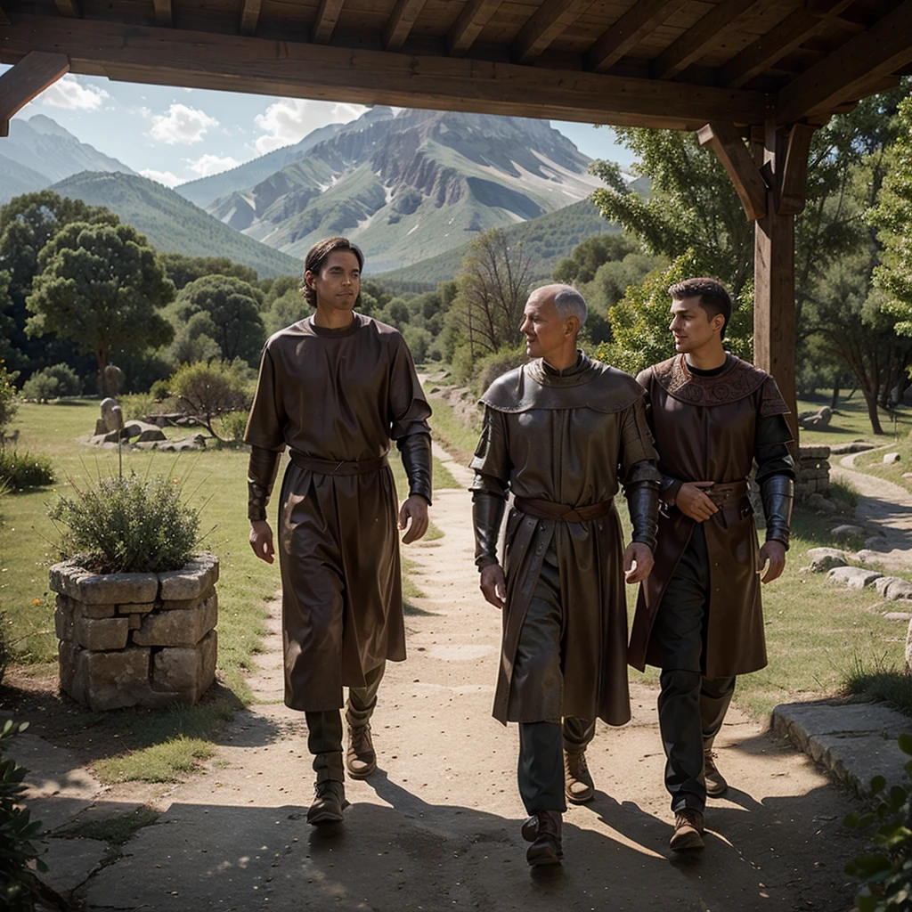Mountain landscape, 2 people walking on a path, 1 young man in tunic , 1 old man in armor 