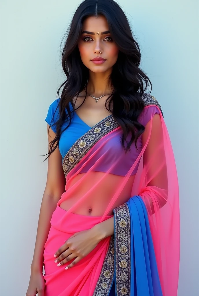 A beautiful girl in pink blue combination saree with style and full body