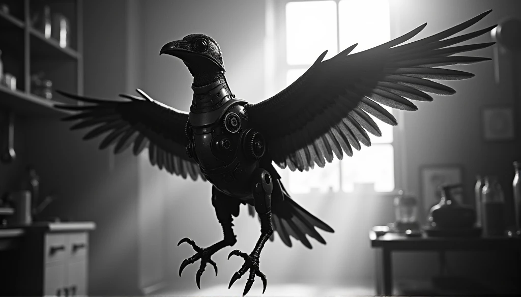 Black and white action shot of a mechanical bird, with metallic feathers and gears, springing to life and flapping wings, full body framing, chaotic laboratory setting, dramatic backlight creating silhouette, Dutch angle, on a RED digital cinema camera with motion blur effect, (high speed capture:1.4), (grayscale:1.5), in the style of (German Expressionist cinema:1.5)