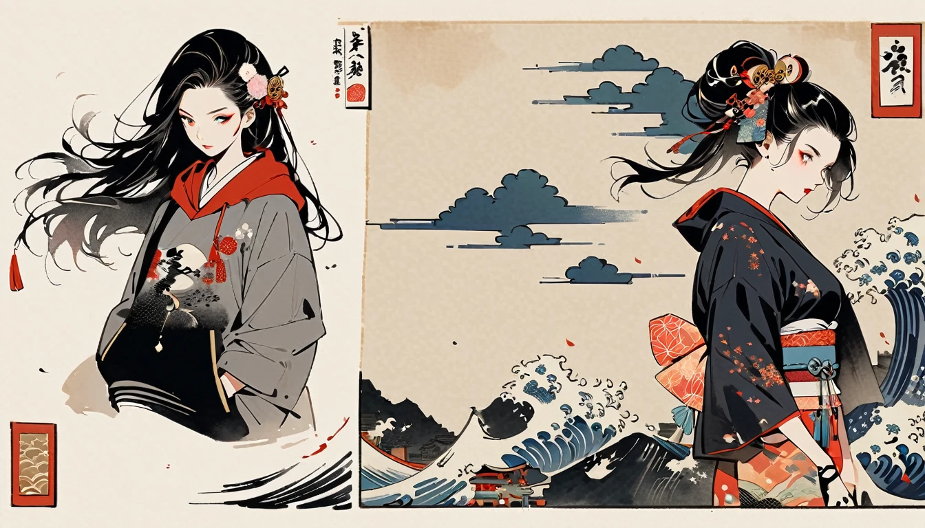 (((Ink Painting))), (((1 girl))), (((whole body))), (((Very flashy hair accessories))), (((Very flashy makeup))), Japanese style headphones, Japanese pattern hoodie, Put on the hood, Put your hands in your pockets, Japan人の美女, Black Hair, Delicate and precise, Modern ukiyo-e style,Japan