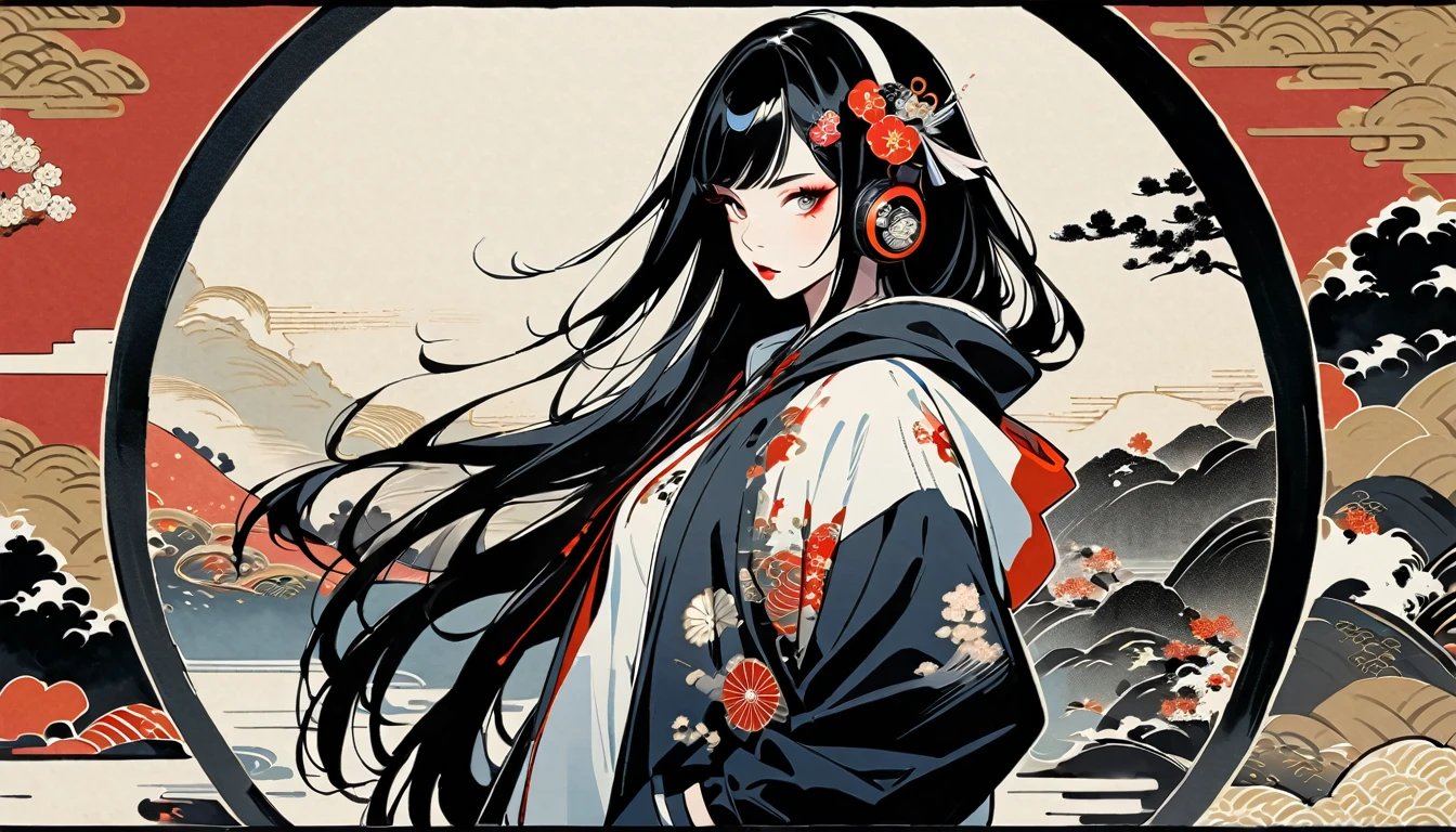 (((Ink Painting))), (((1 girl))), (((whole body))), (((Very flashy hair accessories))), (((Very flashy makeup))), Japanese style headphones, Japanese pattern hoodie, Put on the hood, Put your hands in your pockets, Japan人の美女, Black Hair, Delicate and precise, Modern ukiyo-e style,Japan