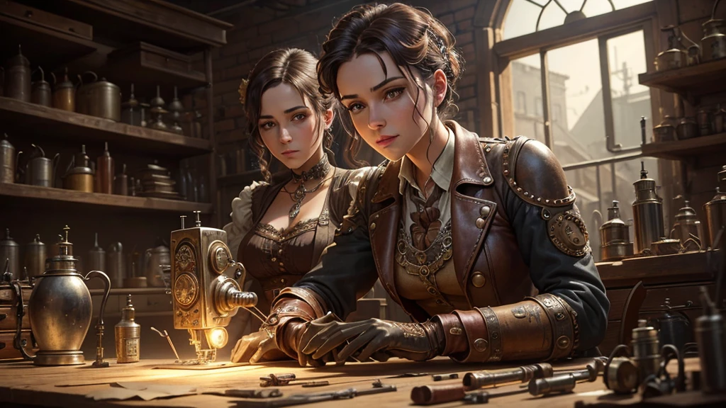 detailed steampunk style sewing machine repair, intricate gears, cogs, and mechanical components, worn and vintage tools, worn leather gloves, dirty and dusty workshop environment, warm lighting, photorealistic, 8k, highly detailed, masterpiece