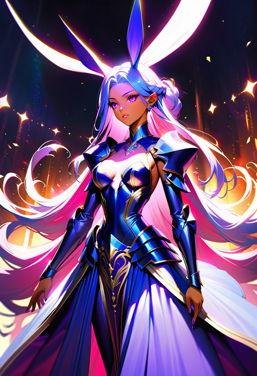 Create an ultra-detailed, photorealistic illustration of a strong queen bunny girl with very long, braided hair. Her hair should be flowing and intricate, with a neutral tan skin color. She is adorned in purplish armor that is both elegant and robust, reflecting her strength and royal status. The armor features delicate engravings and gemstones that catch the light, adding to its majesty. Her ears are tall and expressive, complementing her regal appearance. The background should be an enchanting, mystical landscape with a hint of magical elements, enhancing the overall scene's fantasy feel. Use vibrant colors and dynamic lighting to emphasize her powerful and commanding presence.