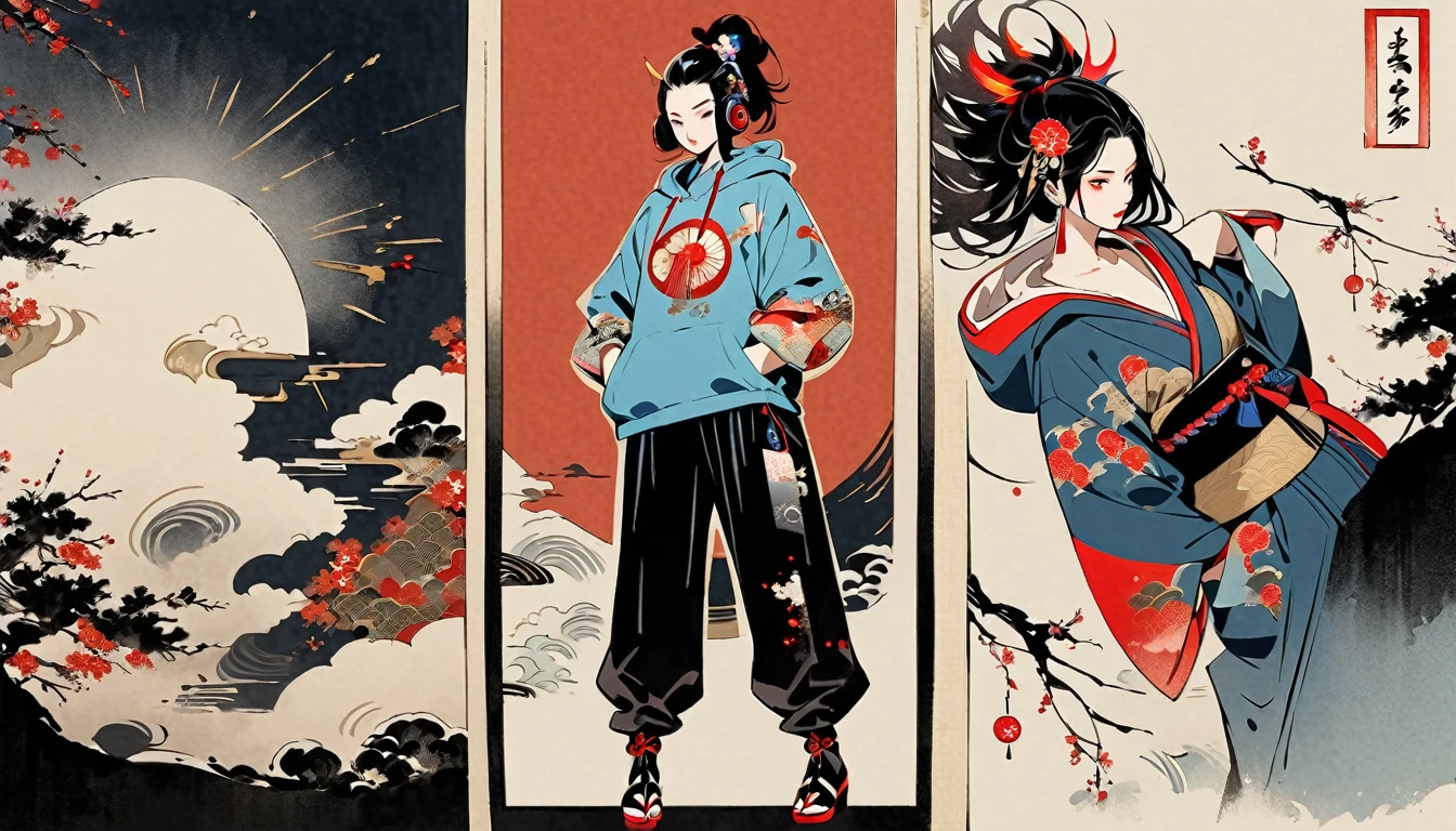 (((Ink Painting))), (((1 girl))), (((whole body))), (((Very flashy hair accessories))), (((Very flashy makeup))), Japanese style headphones, Japanese pattern hoodie, Put on the hood, Put your hands in your pockets, Japan人の美女, Black Hair, Delicate and precise, Modern ukiyo-e style,Japan