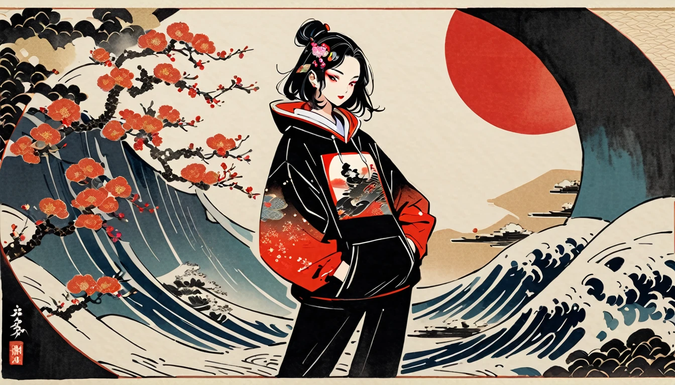 (((Ink Painting))), (((1 girl))), (((whole body))), (((Very flashy hair accessories))), (((Very flashy makeup))), Japanese style headphones, Japanese pattern hoodie, Put on the hood, Put your hands in your pockets, Japan人の美女, Black Hair, Delicate and precise, Modern ukiyo-e style,Japan