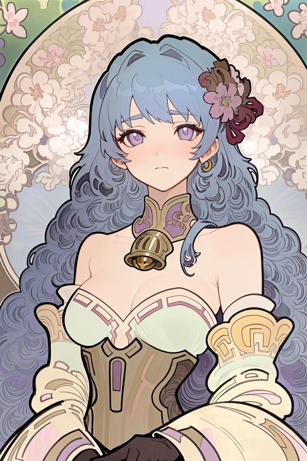 Art Nouveau, Posters in the theater, (((Artworks of Alphonse Mucha))), Upper Body, blush, contour ,(masterpiece, finely detailed beautiful eyes: 1.2), 1 Girl, Solitary, beautiful, nitty gritty, ultra detailed, best quality, complex, sharp, Digital Illustration, detailed, ((Cherry blossoms)), 1 Girl, Ahog, Bangs, Bare shoulders, bell, black Gloves, ((Blue Hair)), blush, breast, Chinese knot, Separate sleeves, Rosette, Gloves, Long hair, medium breast, night, outdoor, Purple Eyes, Side lock, Solitary, tassel, White sleeves, ((masterpiece)), curls