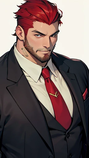 Short hair style、Black suit、Large young man with red hair、(((Stubble))),