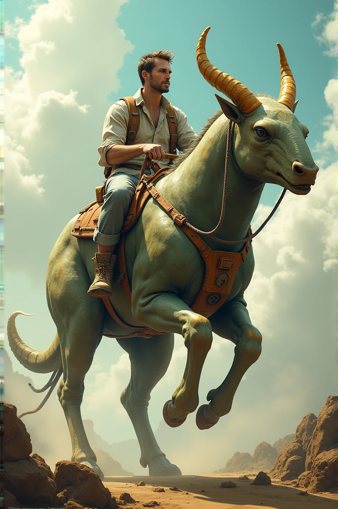 Make me a strange vehicle in the shape of an animal that a man is riding