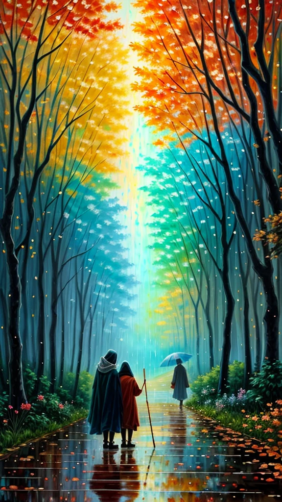 high quality, Impressionism, Abstract, Brushstroke, Palette knife, Canvas, two indonesian moslem old couple,bent over and holding a stick loverin rain in park , back ground park night in autumn, stary night sky, rain people, SERENITY, Impasto, Chiaroscuro, Contrast, Harmony, Texture, by yukisakura, awesome full color, abstract background
