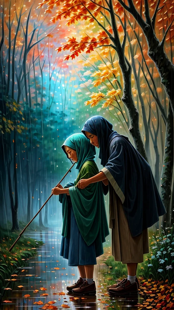 high quality, Impressionism, Abstract, Brushstroke, Palette knife, Canvas, two indonesian moslem old couple,bent over and holding a stick loverin rain in park , back ground park night in autumn, stary night sky, rain people, SERENITY, Impasto, Chiaroscuro, Contrast, Harmony, Texture, by yukisakura, awesome full color, abstract background