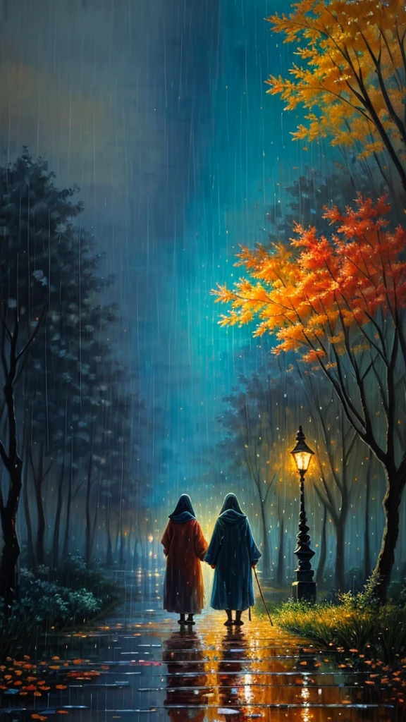 high quality, Impressionism, Abstract, Brushstroke, Palette knife, Canvas, two indonesian moslem old couple,bent over and holding a stick loverin rain in park , back ground park night in autumn, stary night sky, rain people, SERENITY, Impasto, Chiaroscuro, Contrast, Harmony, Texture, by yukisakura, awesome full color, abstract background