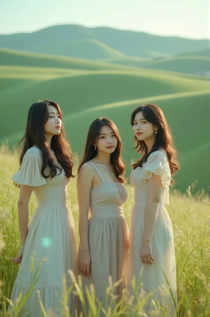 I'm taking photos for a new concept album. Creating a girlgroup concept photo on a green steppe, gentle breezes passing by the girls