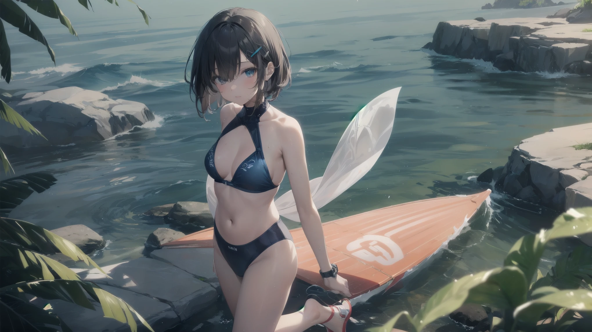 Highest quality, Anime Moe Art Style,Best Anime 8K Konachan Wallpaper,pixiv Contest Winner,Perfect Anatomy, break,(Please draw a picture of a girl in a Swimwear walking on the beach.),break, One is an unlucky beautiful girl.,(alone,in addition,,:1.3),,Complete limbs, Full Finger, short hair, amount, (Hair on one eye:1.4),Small breasts, Small Ass, Beautiful attention to detail, Well-proportioned pupils,Between the legs, Wet, Glowing Skin, Cowboy Shot, Hair Clip, Swimwear, At the Beach.break,Very detailed,High resolution,Very detailed肌,
Optimal lighting with AI, shape,