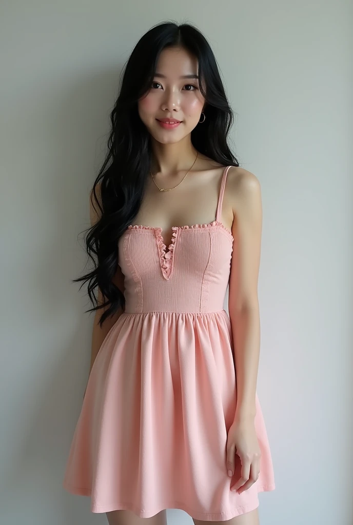 Real Korean girl wearing a short dress and her hair is black and long