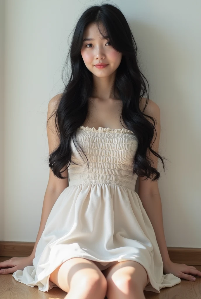 Real Korean girl wearing a short dress and her hair is black and long