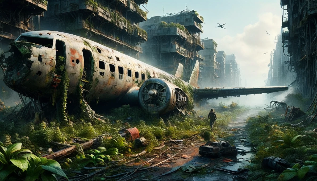 A vivid and detailed description of a dystopian sci-fi landscape with a huge, ruined vertical metropolis. The collapsed Boeing. The cityscape should contain magnificent, crumbling stone buildings of complex design. Including a huge vertical cityscape, it seems to be a mixture of ancient and futuristic elements. It also describes the abandoned technology scattered throughout the city, such as tangled wires and huge broken computers, a passenger plane covered in moss. Finally, it conveys a sense of despair and desolation through words, creating a sense of desolation and grandeur. The language should be rich, descriptive and stimulating.“Create an animation of an abandoned metropolis (New York City) (2022) in the style of Jakub Rozalski * rusty airplane, overgrown with moss, showing signs of decay * Intricate details, including texturing and modeling, in ultra-high quality * Render the scene in 8K resolution with extreme attention to detail The metropolis (New York City) should be overgrown with lush greenery, vines and flowers, bridges covering buildings and streets. Rusty cars should be in various states of disrepair, with visible corrosion and oxidation. Include subtle lighting and atmospheric effects to create a sense of depth and immersion. Deliver a detailed, seamless, and high-quality 3D animation that meets these requirements.”