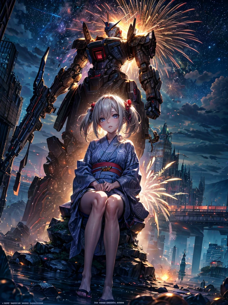 High resolution, Winner of numerous awards, Ultra high definition, Textured skin, Retina,
masterpiece,(bestquality),highlydetailed,ultra-detailed,1girl, (A composition where a girl is sitting on the shoulder of a giant robot or in the palm of a giant robot’s hand.:1.4)(robot)(fantasylandscape:1.2,natural lighting:1.5,confidentexpression),(panorama:1.2),mecha, smile,angle、chrome,raw(A beautiful girl in a yukata with blonde twin tails:1.5)Fireworks go off🎇、(Fireworks lighting)(Starry Sky)(スーパーrobot)、(Yukata with long hem)A beautiful woman with mechanical parts for arms、A town with street stalls