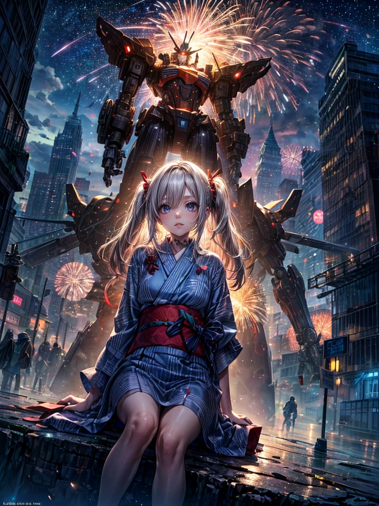 High resolution, Winner of numerous awards, Ultra high definition, Textured skin, Retina,
masterpiece,(bestquality),highlydetailed,ultra-detailed,1girl, (A composition where a girl is sitting on the shoulder of a giant robot or in the palm of a giant robot’s hand.:1.4)(robot)(fantasylandscape:1.2,natural lighting:1.5,confidentexpression),(panorama:1.2),mecha, smile,angle、chrome,raw(A beautiful girl in a yukata with blonde twin tails:1.5)Fireworks go off🎇、(Fireworks lighting)(Starry Sky)(スーパーrobot)、(Yukata with long hem)A beautiful woman with mechanical parts for arms、A town with street stalls