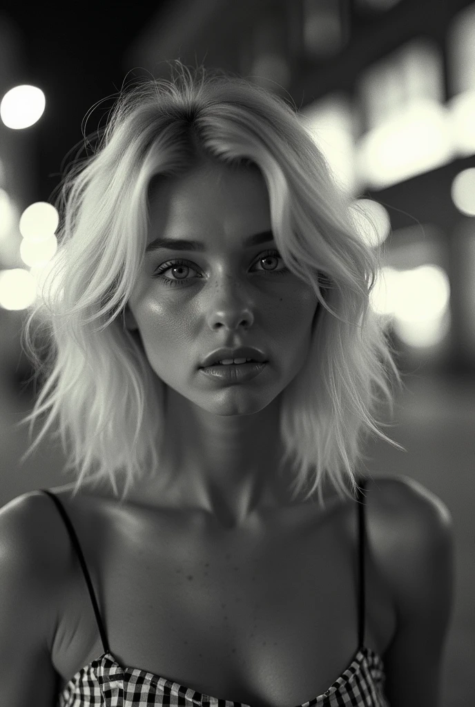 Expired Polaroid of a girl with very light blonde hair , round face and blue eyes in a evening city , camera flash, Futuristic, romantic, jewelry tones, Motion blur, evening, out of focus and blurry, black and white photo, ISO 100