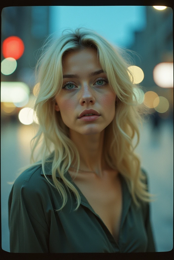 An outdated Polaroid of a girl with light blonde hair , round face and blue eyes in a night city , Camera flash, Futuristic, romantic, Jewel Tone, Motion Blur, night, Out of focus and blurry, Black and White Photography, ISO100