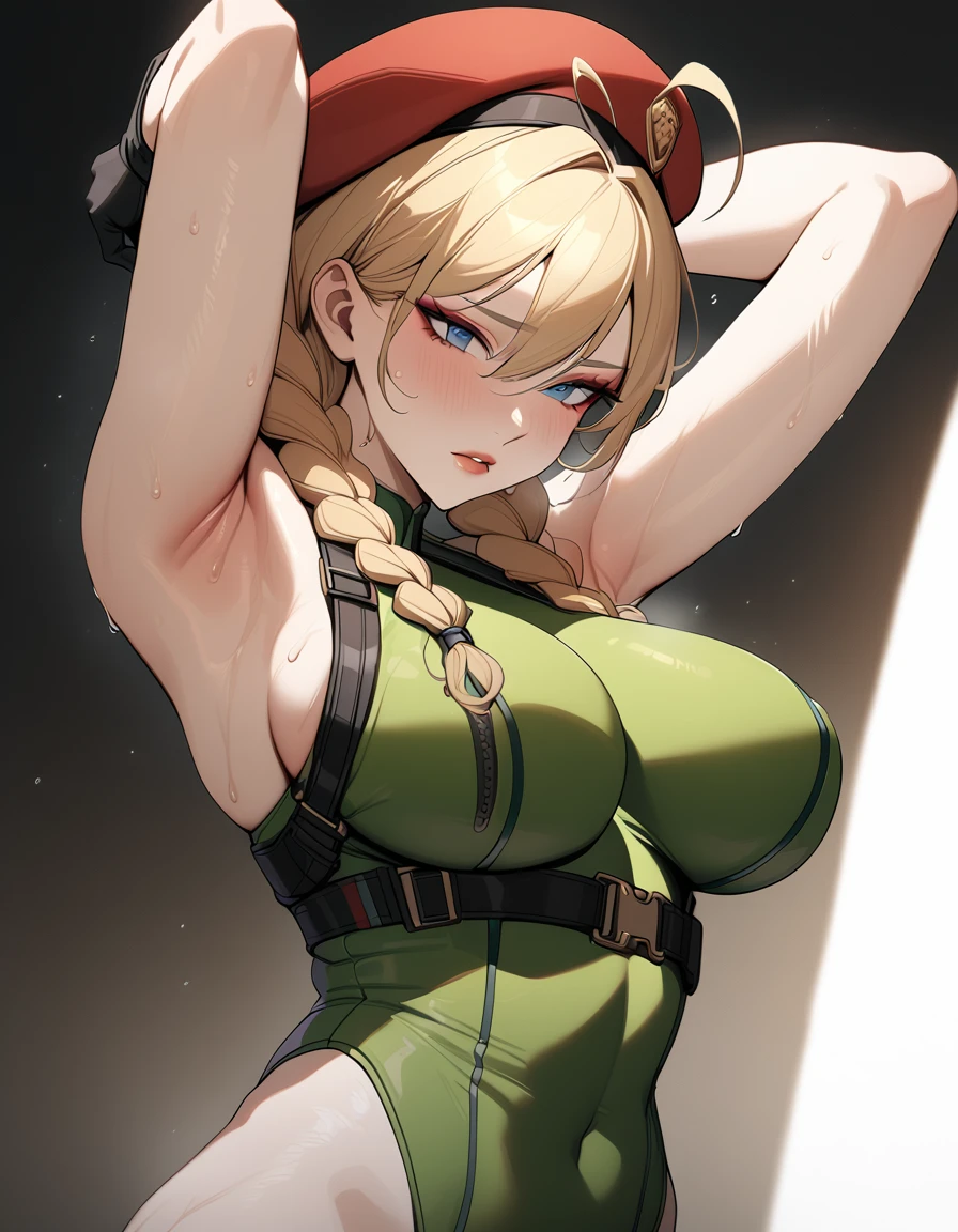 masterpiece,best quality,extreme detail,8k,cammyfn, 1girl, solo, long hair, breasts, blue eyes, blonde hair, large breasts, gloves, hat, braid, ahoge, twin braids, leotard, lips, makeup, beret, scar, antenna hair, nose, harness, huge ahoge, green leotard,sleeveless,arms behind head,armpit,armpits,sweaty,sweat,arms behind head,exhausted,sleeveless,cross eyed,sweaty armpits, full body 