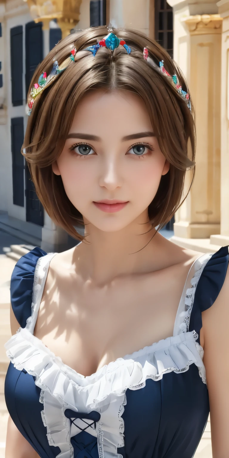 Browsing Caution、16K、Photorealistic、Highest quality、masterpiece、Ultra-high resolution、RAW Photos、Realistic、Bright lighting、Face Light、Smooth Professional Lighting、looking at the camera、alone、Adult female、Beautiful woman、Super beautiful woman、（Realistic肌、Moisturized Skin）、Realistic eyes and faces、（Perfect model body shape）、（Beautiful Eyes、Big eyes）、Inconspicuous tear bags、slim、Medium sized big breasts、Very good、My nipples are pushing up my shirt、Camel Toe、pubic hair、Very short hair、((Black Hair、black eye))、seems to be happy、Beautiful hip line、（Upper body, including the crown of the head）、(((Colorful Victorian dress)))、((Colorful princess dress))、Gorgeous dress、palace、palace、