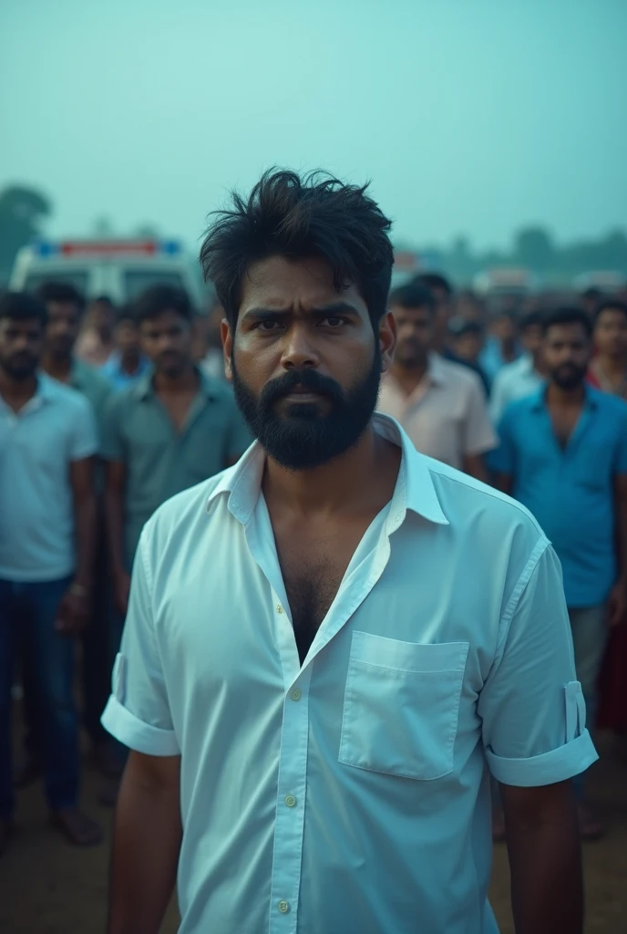 A person with dark hair and beard giving free ambulances to tamilnadu people's wearing white shirt background cinematic blue shade standing in field of people