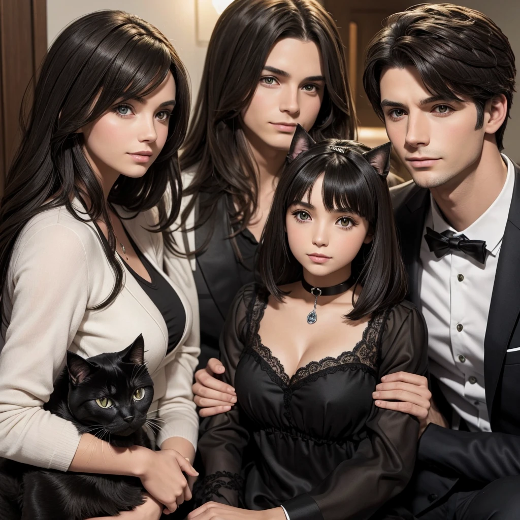 A picture with a brunette girl and a brunette boy with a grey yorkshire terrier dog and a black cat