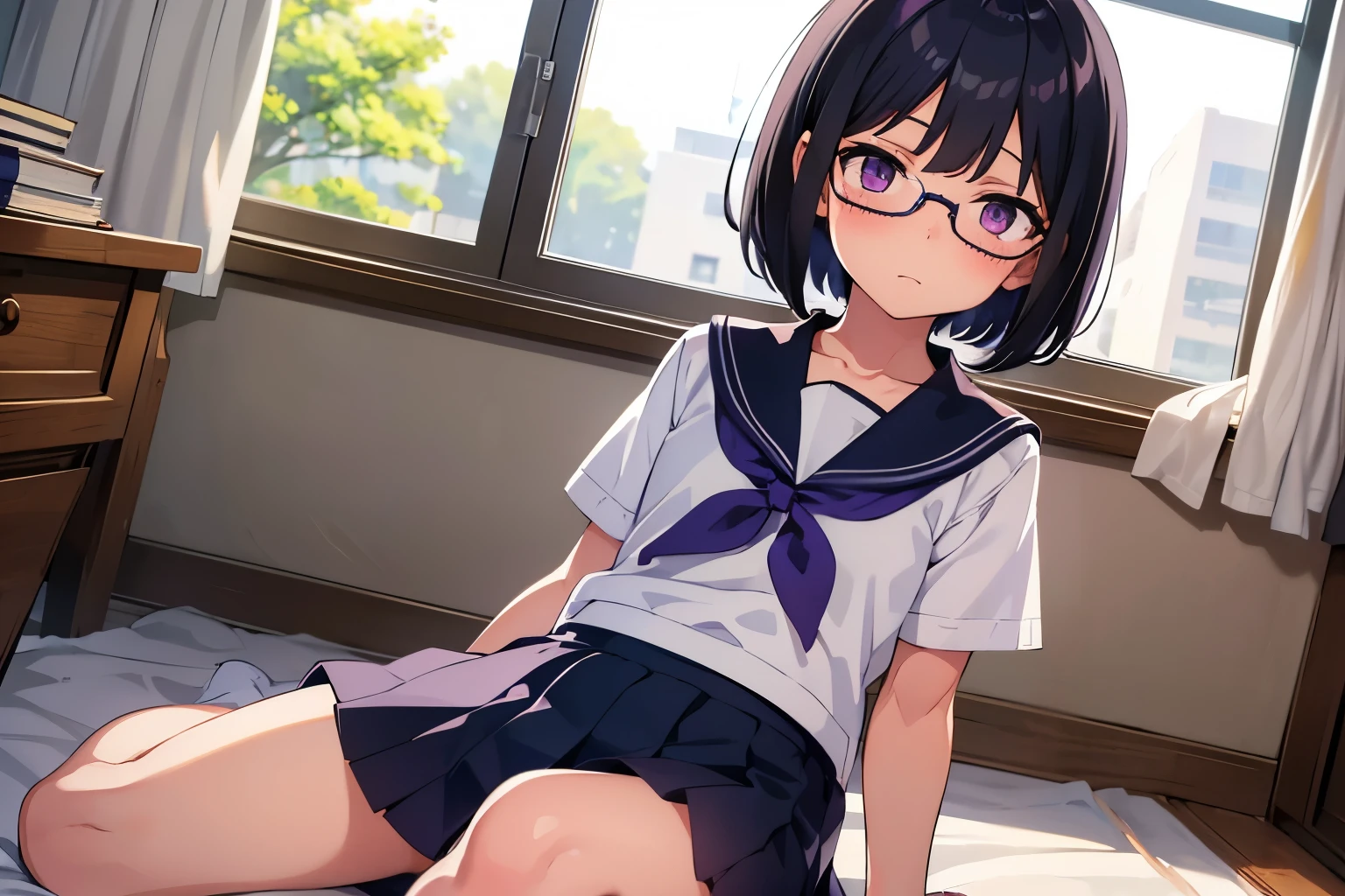 Elementary school girl, , toddler, flat chest, black hair, short bob, glasses, purple eyes, embarrassed expression(One person)) A plain white short-sleeved sailor suit Navy blue mini skirt ((I can see her panties))Girl's Room Lying face down on the bed Turn your ass towards me Dynamic Angle Low - Angle