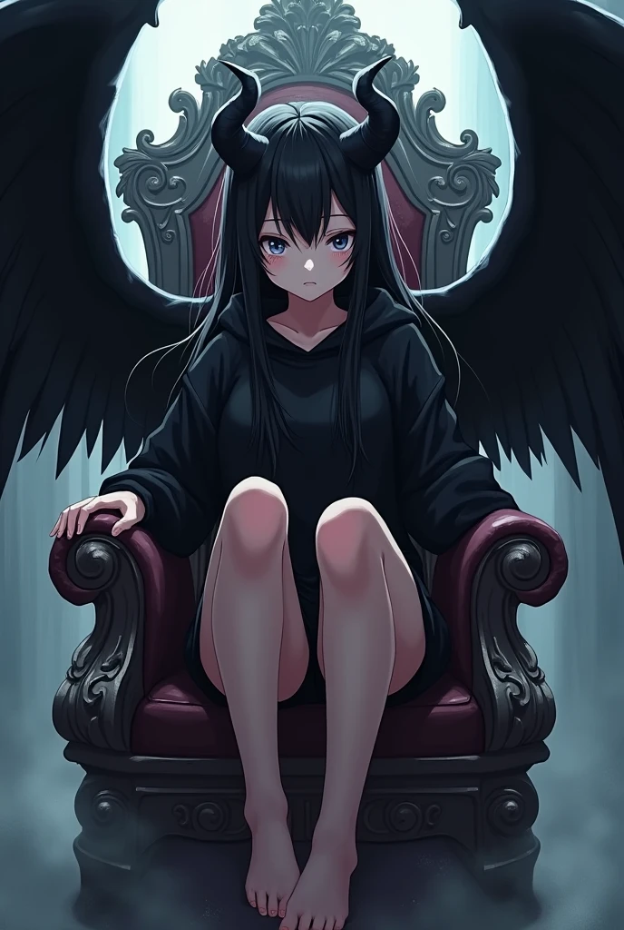 Black hoodie、Shorts、Anime Style、Female 、Black wings like a crow on the back、Black devil-like horns growing from the forehead、Sit on the Demon King's Throne、Long Black Hair、Cross your legs