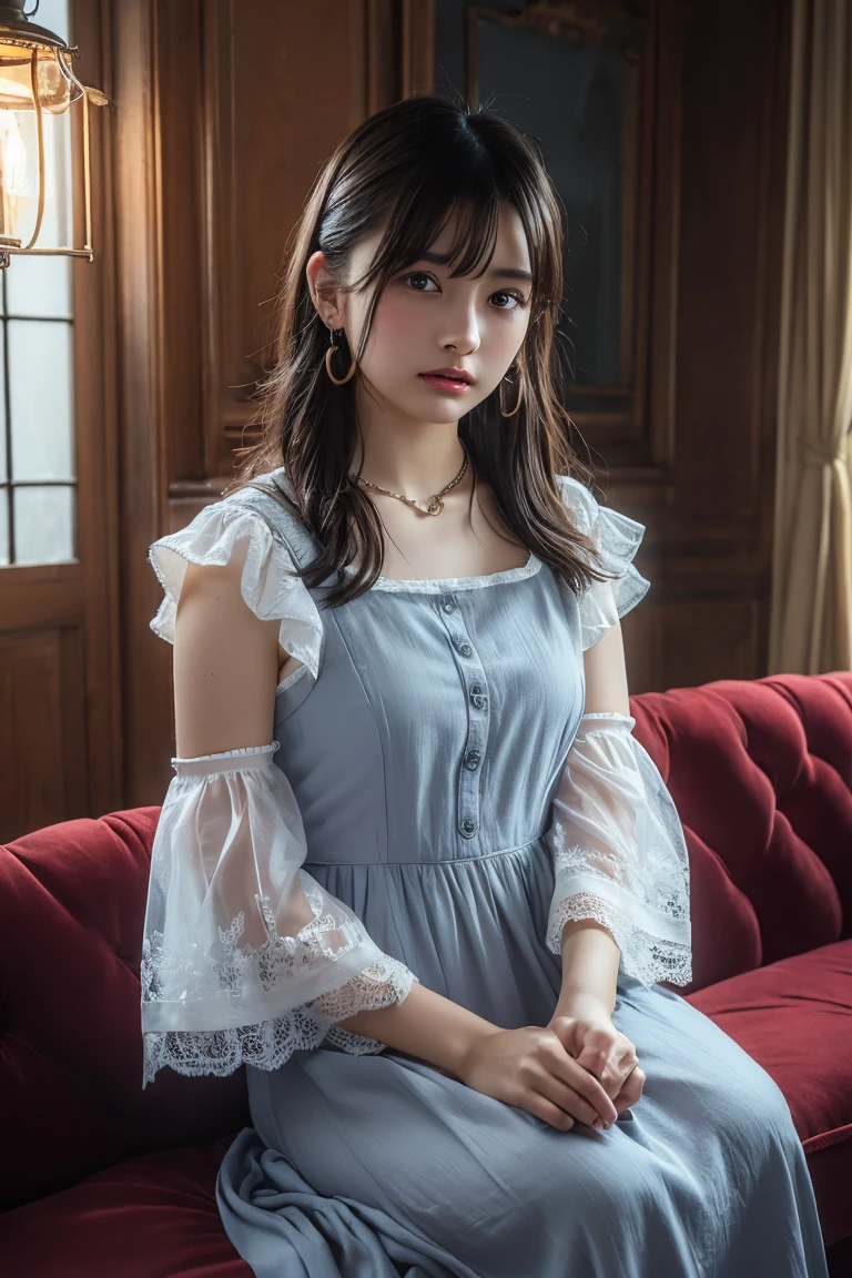 (Highest quality:1.4),(masterpiece:1.4),(Realistic:1.4),(Realistic:1.2),(超High resolution, RAW Photos:1.4),(High resolution, Ultra-detailed:1.2),(8k:1.2),View your viewers,Cinematic photography,One girl,skeletally correct,Black-haired woman,Woman in her early 20s,(Small earrings,necklace,Half-sleeve with frilled sleeves,Long dress),(Western-style building interior,Dimly lit room,The lamplight shines on my cheeks,Sit on the sofa)