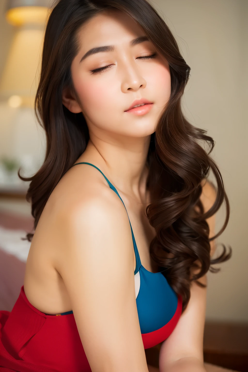 (Incoming Kiss), puckered up mouth, gold bikini, looking at camera, front view, long hair, layered hair, bangs, (detailed face), at bedroom, tempting pose, potrait body, mouth closed, smiling, black eyes, 1 girl, 20yo,Young female,Beautiful Finger,Beautiful long legs,Beautiful body, Beautiful Nose,Beautiful character design, perfect eyes, perfect face,expressive eyes,perfect balance, (looking at viewer), official art,extremely detailed CG unity 8k wallpaper, perfect lighting,Colorful, Bright_Front_face_Lighting,White skin, (masterpiece:1.0),(best_quality:1.0), ultra high res,4K,ultra-detailed, photography, 8K, HDR, highres, absurdres:1.2, Kodak portra 400, film grain, bokeh:1.2, lens flare, (vibrant_color:1.2),professional photograph, (Beautiful,huge_Breasts:1.4), (beautiful_face:1.5),(narrow_waist)