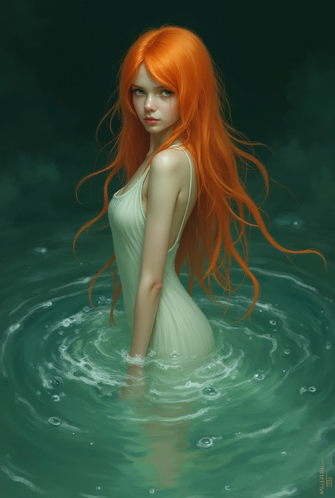 (masterpiece, best quality), ((A girl, solitary, Long hair)), Ishmael_edge, innocent expression, bare arm, Show your shoulders, Bare neck, watercolor, Sundress, liquid clothing, water, wave, water dress, green_theme, night, haze, dark, Be focused, ocean, Transparent dress, Orange Hair