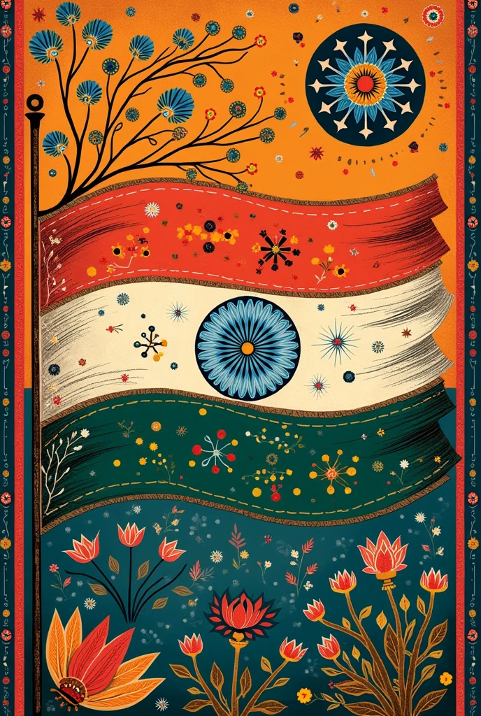Make me a Ai image of Madhubani art of Indian flag something more unique and beautiful